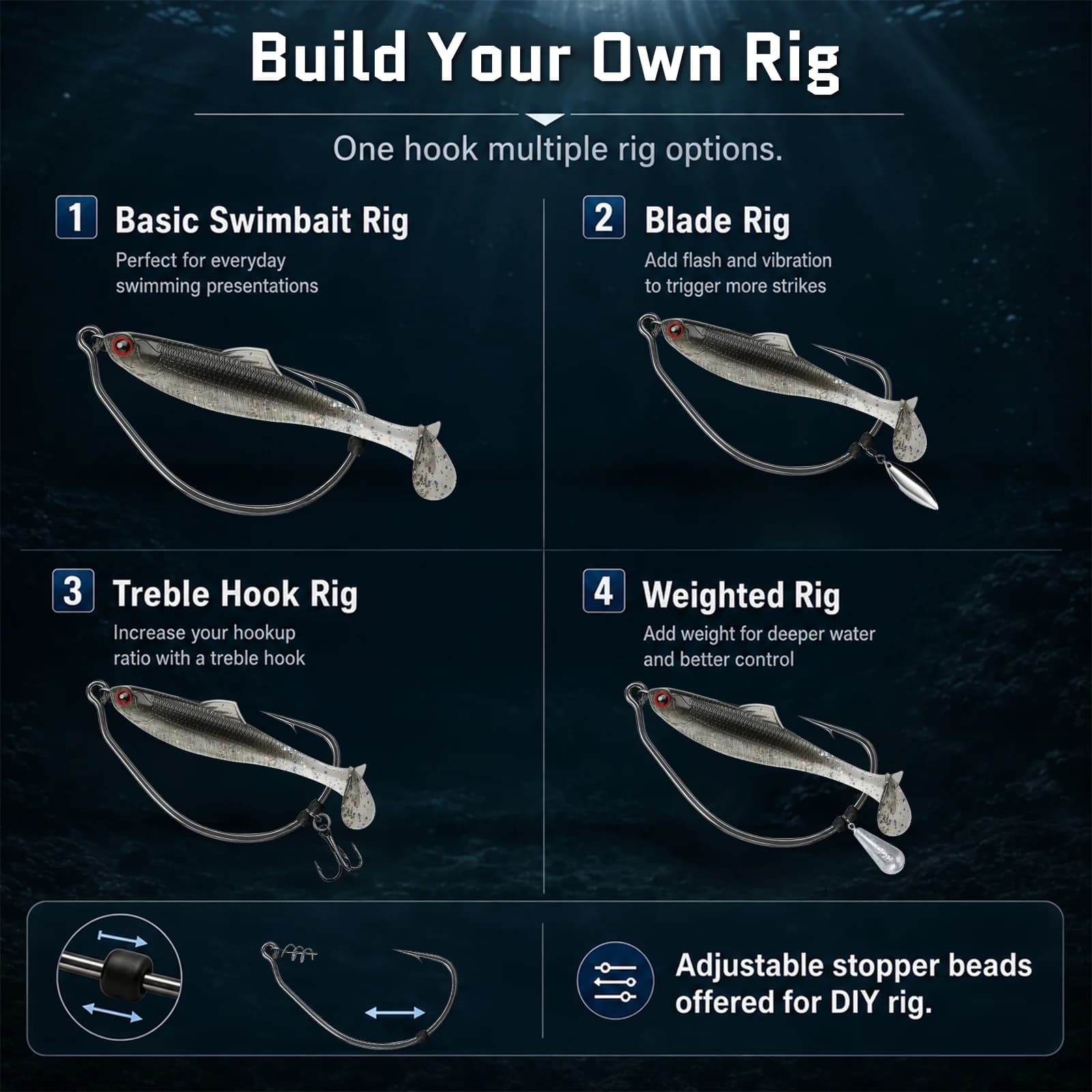 Ago swimbait weedless con gap extra largo, Confezione da 25